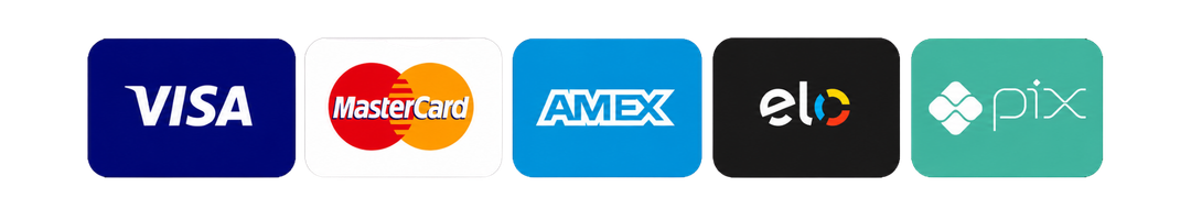Formas de pagamento: Visa, Mastercard, Amex, Elo, Pix